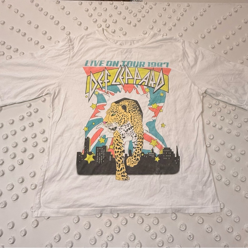 Recycled Karma White Graphic Tee with Multicolor Leopard and Retro Print